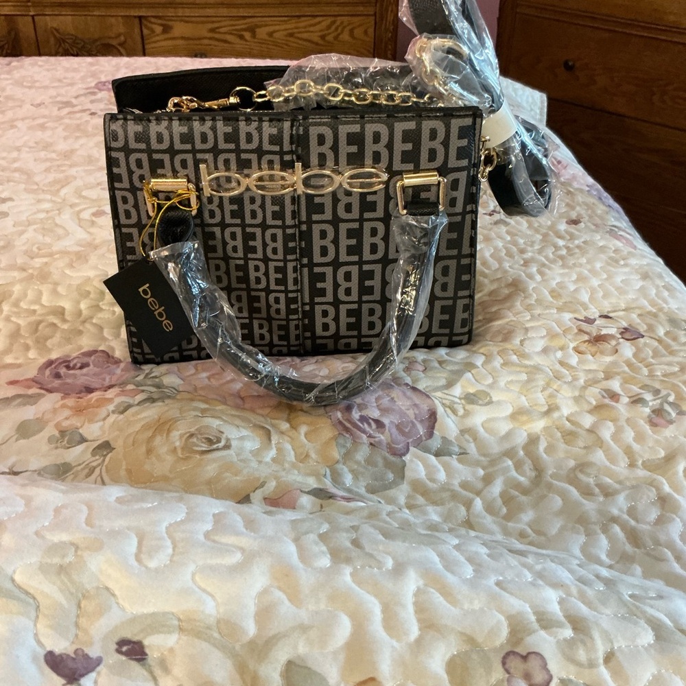Bebe Gray/Black  Satchel with Monogram Pattern and Glossy Finish - Picture 12 of 12